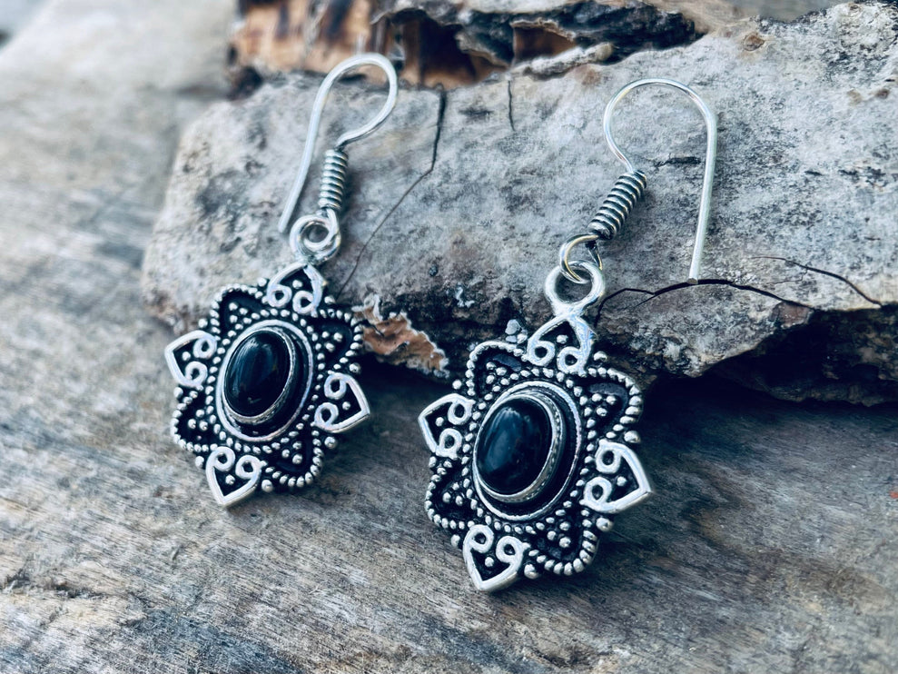 Small Silver Earrings Black Onyx Drop Dangle Ethnic, rustic, yoga, hippie, gypsy, pretty, psy, boho, bohemian, festival