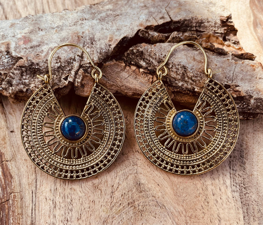 Golden Ethnic Lapis Lazuli Earrings Ethnic, Blue Stone , rustic, yoga, hippie, gypsy, pretty, psy, boho, bohemian, festival