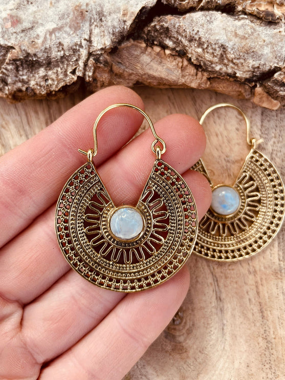 Golden Ethnic Moonstone Earrings Ethnic, rustic, yoga, hippie, gypsy, pretty, psy, boho, bohemian, festival