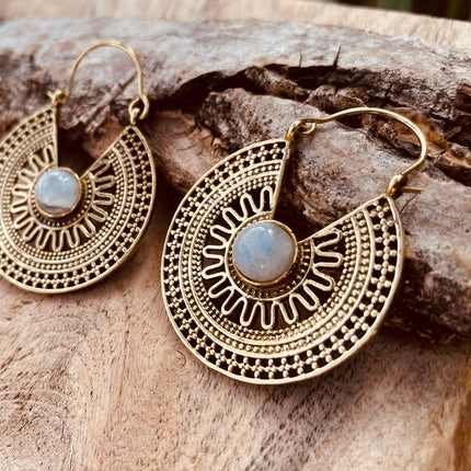 Golden Ethnic Moonstone Earrings Ethnic, rustic, yoga, hippie, gypsy, pretty, psy, boho, bohemian, festival