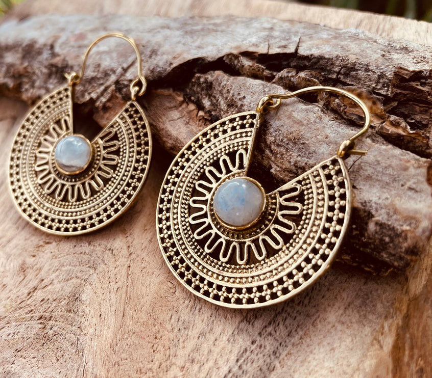 Golden Ethnic Moonstone Earrings Ethnic, rustic, yoga, hippie, gypsy, pretty, psy, boho, bohemian, festival