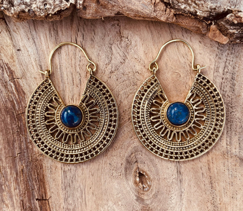 Golden Ethnic Lapis Lazuli Earrings Ethnic, Blue Stone , rustic, yoga, hippie, gypsy, pretty, psy, boho, bohemian, festival