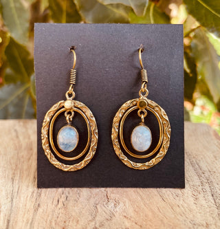 Moonstone Earrings Dangle Brass Ethnic, rustic, yoga, hippie, gypsy, pretty, psy, boho, bohemian, festival