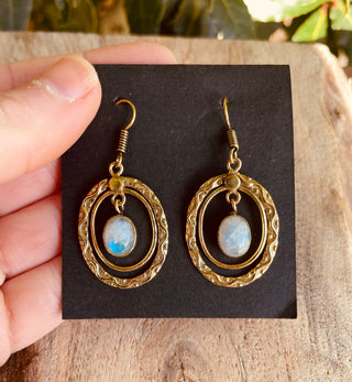 Moonstone Earrings Dangle Brass Ethnic, rustic, yoga, hippie, gypsy, pretty, psy, boho, bohemian, festival