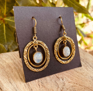 Moonstone Earrings Dangle Brass Ethnic, rustic, yoga, hippie, gypsy, pretty, psy, boho, bohemian, festival
