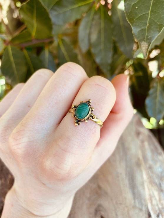 Green Malachite & Brass Ring / Birthstone / Green / Boho / Ethnic / Rustic / Tribal / Gypsy / Festival / Healing