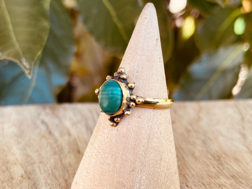 Green Malachite & Brass Ring / Birthstone / Green / Boho / Ethnic / Rustic / Tribal / Gypsy / Festival / Healing