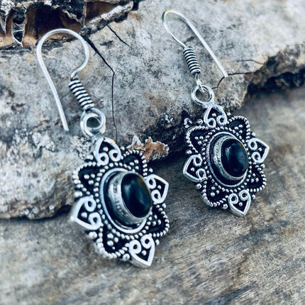 Small Silver Earrings Black Onyx Drop Dangle Ethnic, rustic, yoga, hippie, gypsy, pretty, psy, boho, bohemian, festival