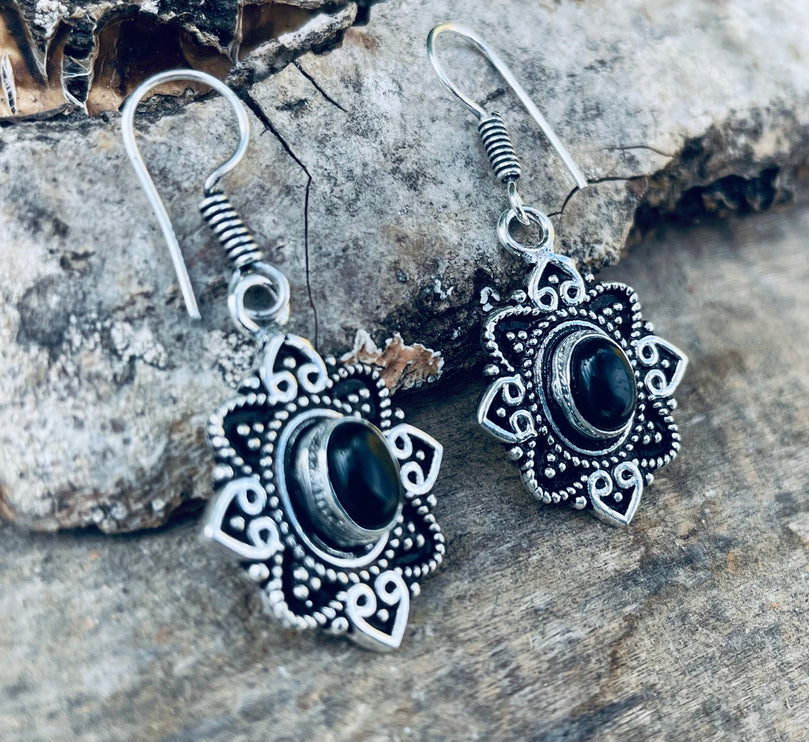 Small Silver Earrings Black Onyx Drop Dangle Ethnic, rustic, yoga, hippie, gypsy, pretty, psy, boho, bohemian, festival