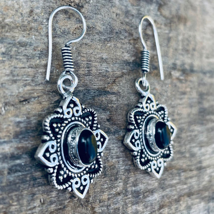 Small Silver Earrings Black Onyx Drop Dangle Ethnic, rustic, yoga, hippie, gypsy, pretty, psy, boho, bohemian, festival