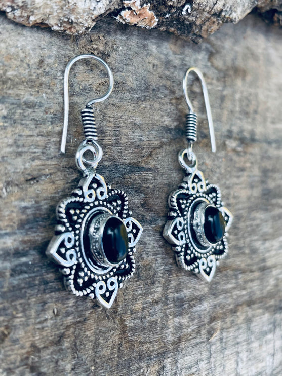 Small Silver Earrings Black Onyx Drop Dangle Ethnic, rustic, yoga, hippie, gypsy, pretty, psy, boho, bohemian, festival