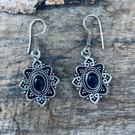 Small Silver Earrings Black Onyx Drop Dangle Ethnic, rustic, yoga, hippie, gypsy, pretty, psy, boho, bohemian, festival