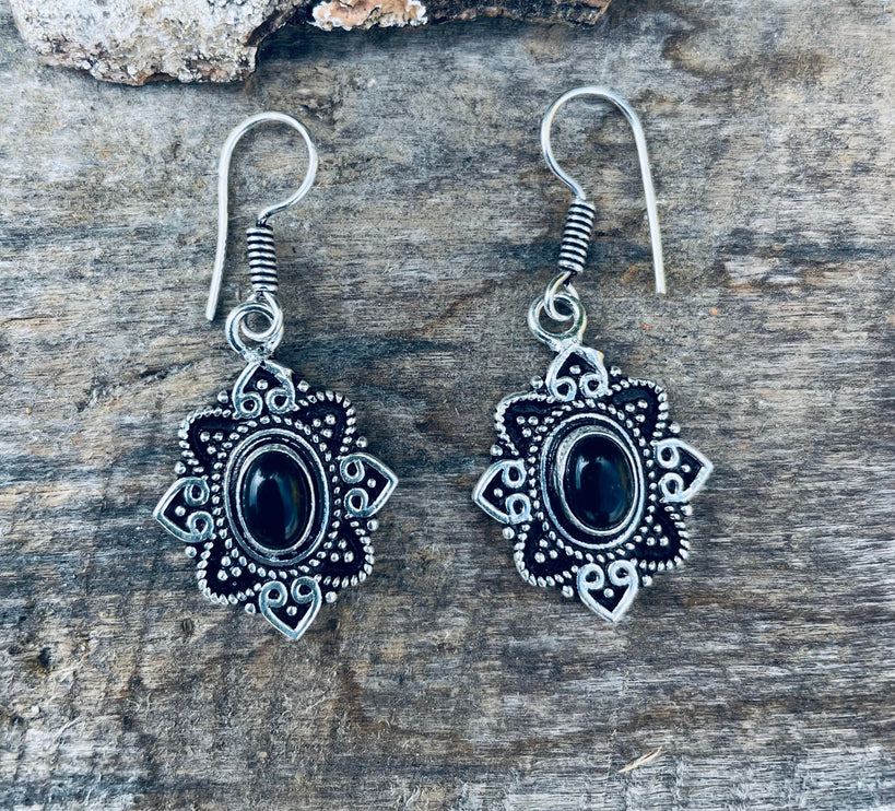 Small Silver Earrings Black Onyx Drop Dangle Ethnic, rustic, yoga, hippie, gypsy, pretty, psy, boho, bohemian, festival