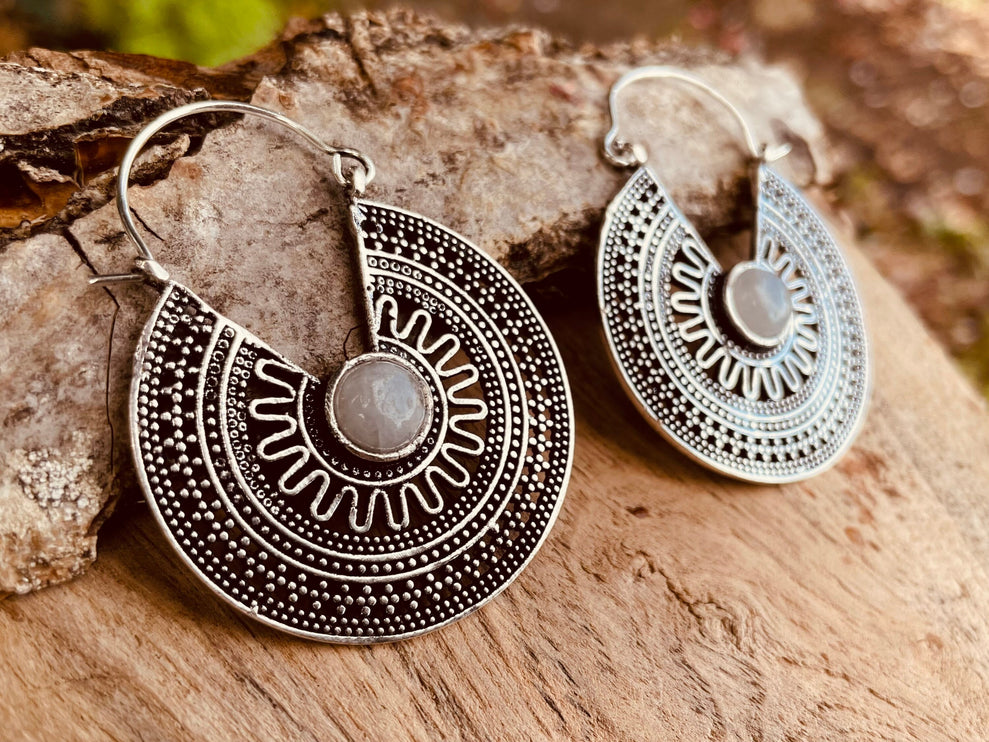 Silver Moonstone Earrings Aztec Ethnic, rustic, yoga, hippie, gypsy, pretty, psy, boho, bohemian, festival