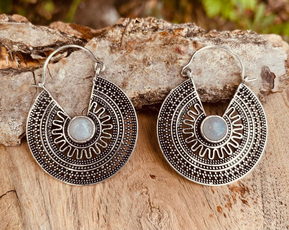 Silver Moonstone Earrings Aztec Ethnic, rustic, yoga, hippie, gypsy, pretty, psy, boho, bohemian, festival