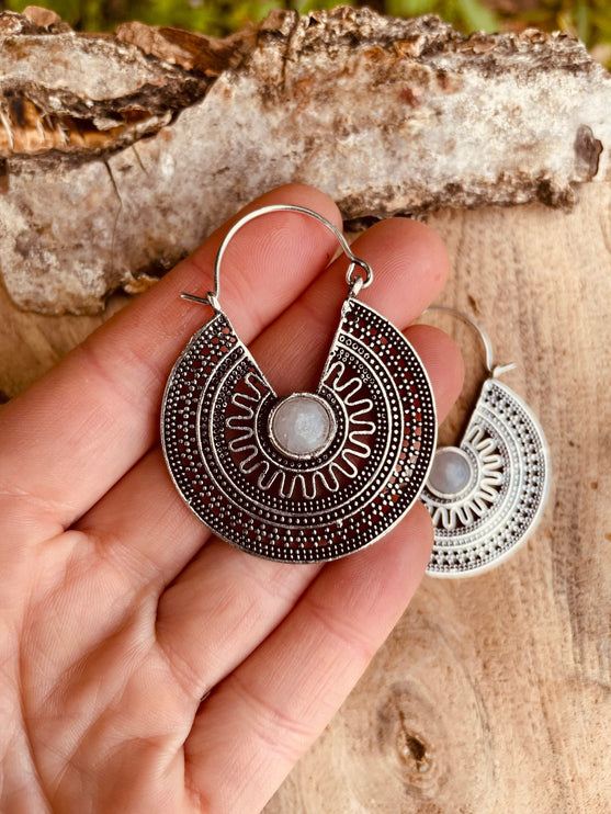 Silver Moonstone Earrings Aztec Ethnic, rustic, yoga, hippie, gypsy, pretty, psy, boho, bohemian, festival