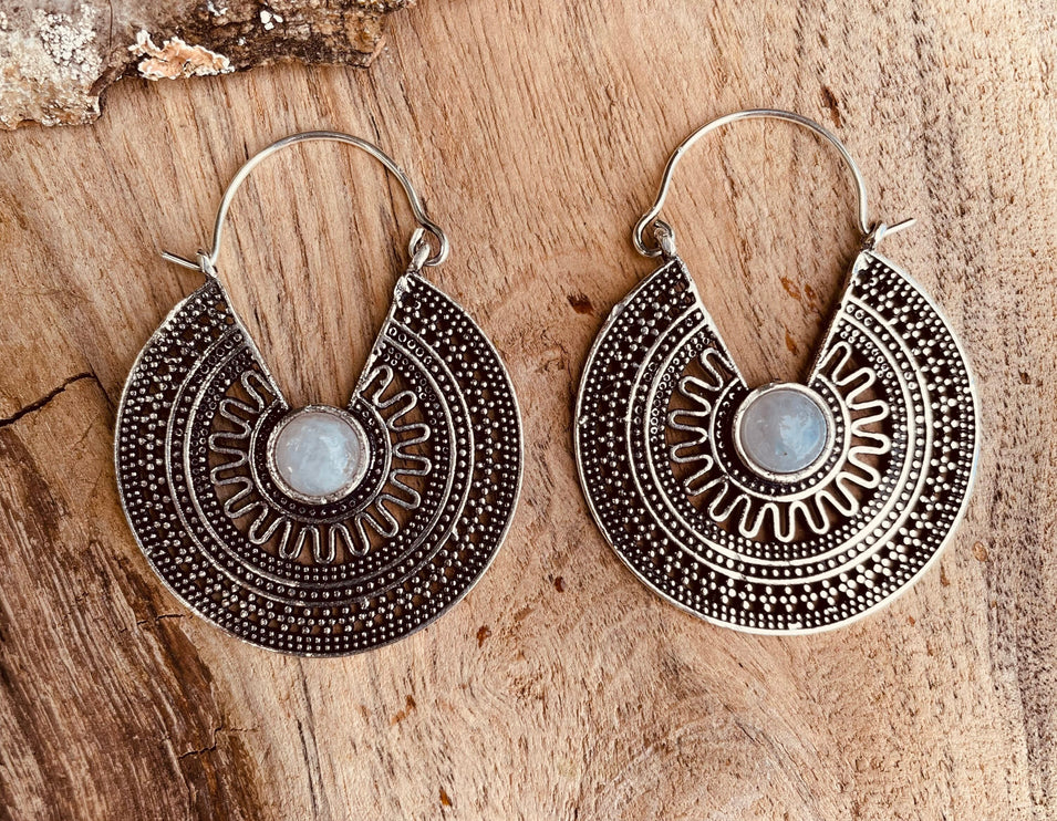 Silver Moonstone Earrings Aztec Ethnic, rustic, yoga, hippie, gypsy, pretty, psy, boho, bohemian, festival