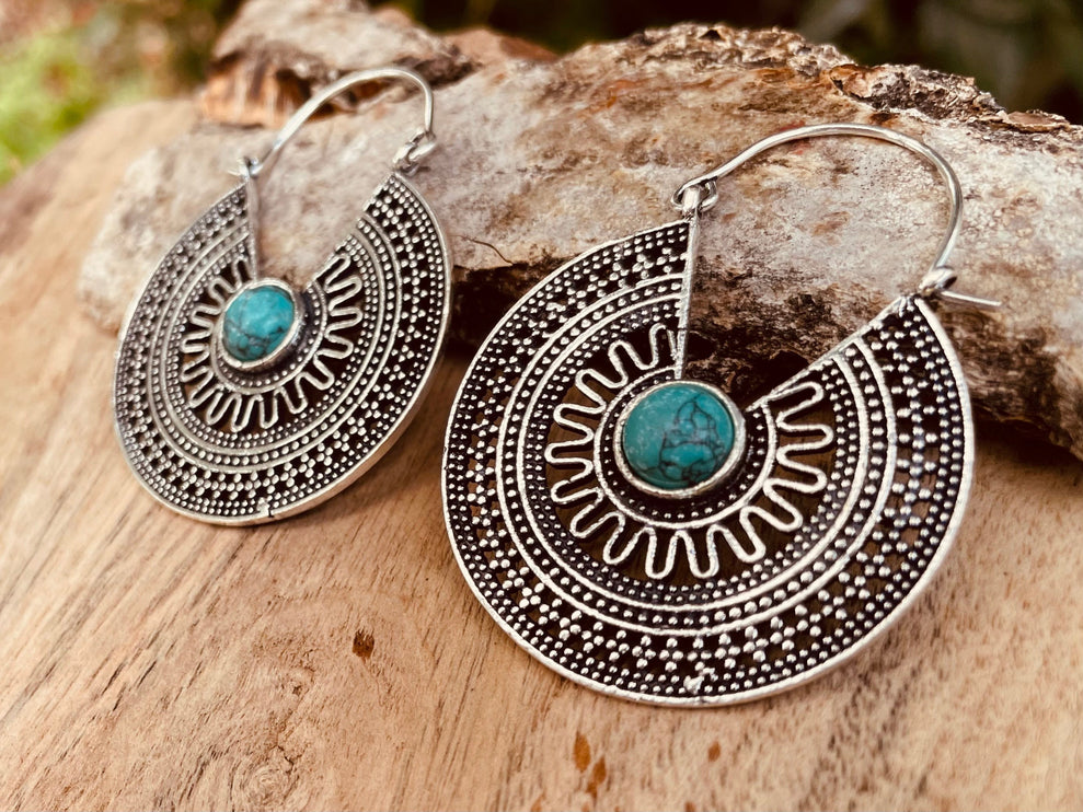 Silver Turquoise Earrings Aztec Ethnic, rustic, yoga, hippie, gypsy, pretty, psy, boho, bohemian, festival