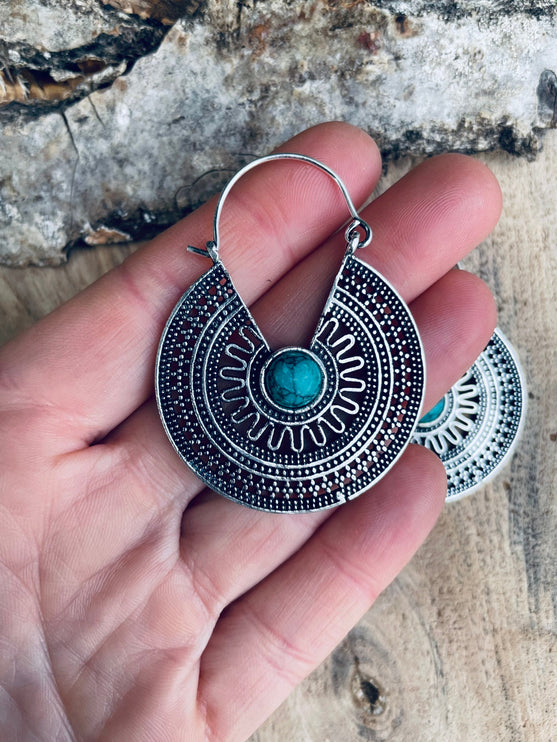 Silver Turquoise Earrings Aztec Ethnic, rustic, yoga, hippie, gypsy, pretty, psy, boho, bohemian, festival