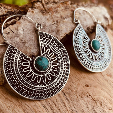 Silver Turquoise Earrings Aztec Ethnic, rustic, yoga, hippie, gypsy, pretty, psy, boho, bohemian, festival