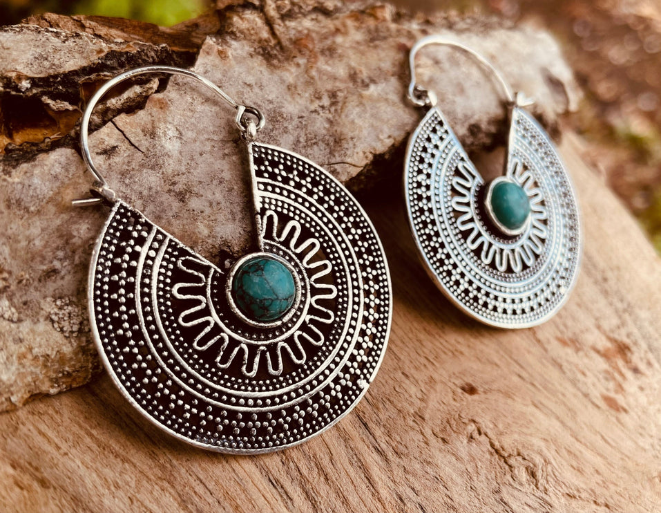 Silver Turquoise Earrings Aztec Ethnic, rustic, yoga, hippie, gypsy, pretty, psy, boho, bohemian, festival