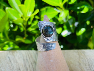 Hammered Silver Ring Labradorite, Adjustable Boho Silver Ring