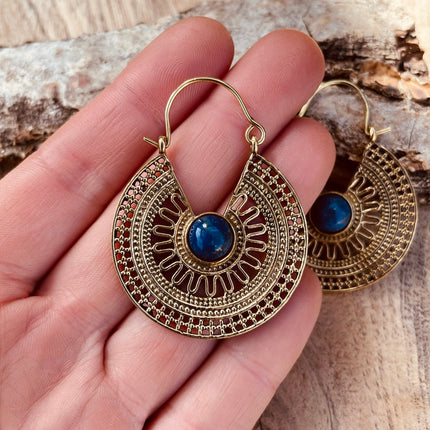 Golden Ethnic Lapis Lazuli Earrings Ethnic, Blue Stone , rustic, yoga, hippie, gypsy, pretty, psy, boho, bohemian, festival