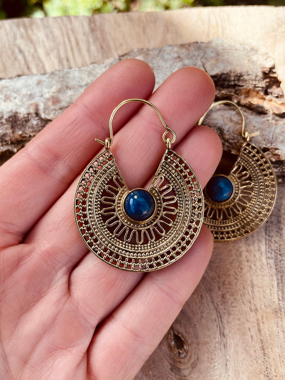 Golden Ethnic Lapis Lazuli Earrings Ethnic, Blue Stone , rustic, yoga, hippie, gypsy, pretty, psy, boho, bohemian, festival