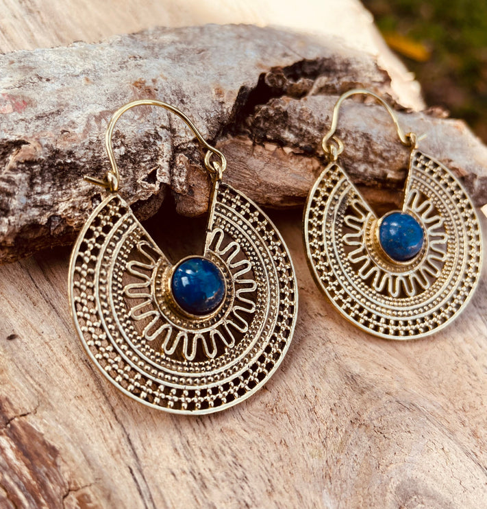 Golden Ethnic Lapis Lazuli Earrings Ethnic, Blue Stone , rustic, yoga, hippie, gypsy, pretty, psy, boho, bohemian, festival