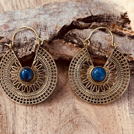 Golden Ethnic Lapis Lazuli Earrings Ethnic, Blue Stone , rustic, yoga, hippie, gypsy, pretty, psy, boho, bohemian, festival