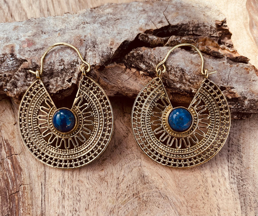 Golden Ethnic Lapis Lazuli Earrings Ethnic, Blue Stone , rustic, yoga, hippie, gypsy, pretty, psy, boho, bohemian, festival