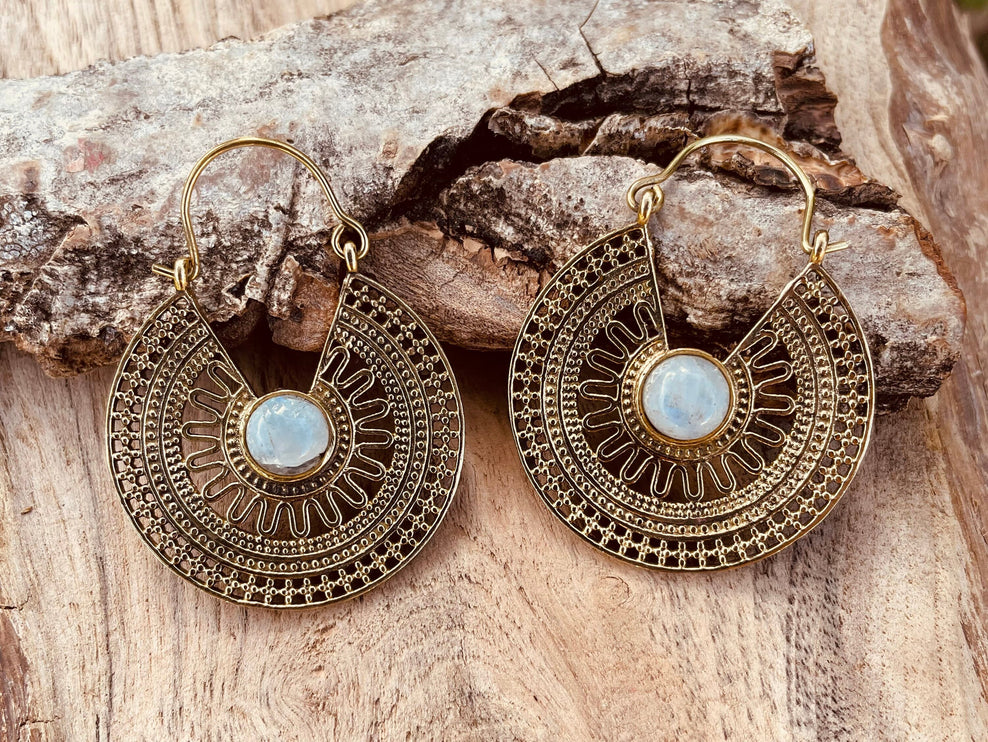 Golden Ethnic Moonstone Earrings Ethnic, rustic, yoga, hippie, gypsy, pretty, psy, boho, bohemian, festival