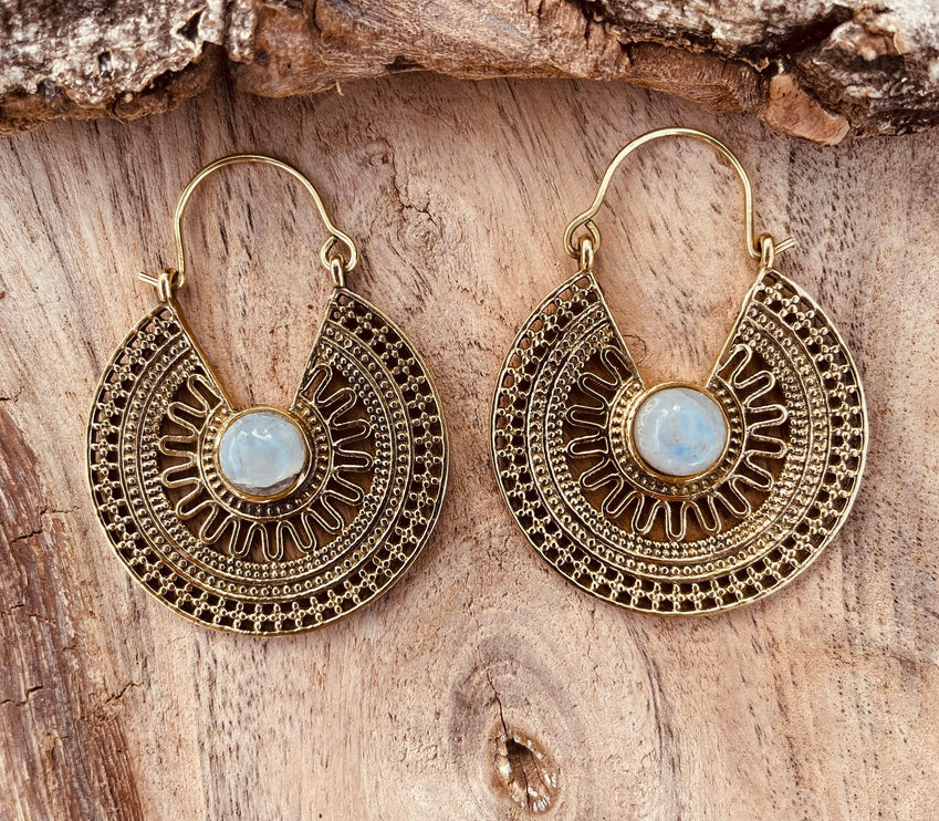 Golden Ethnic Moonstone Earrings Ethnic, rustic, yoga, hippie, gypsy, pretty, psy, boho, bohemian, festival