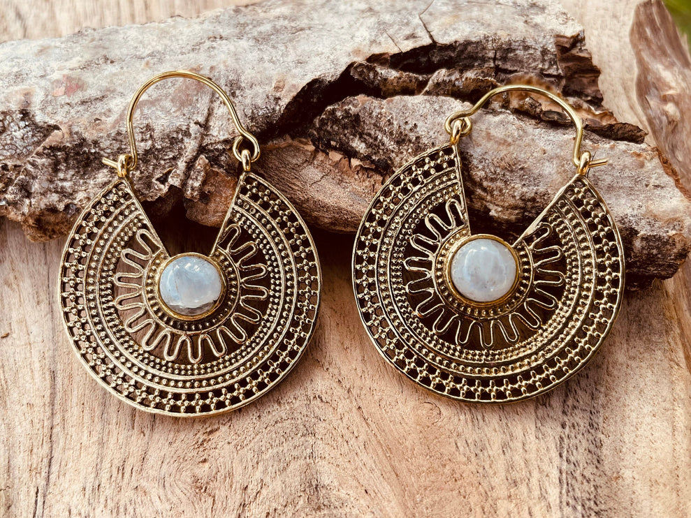 Golden Ethnic Moonstone Earrings Ethnic, rustic, yoga, hippie, gypsy, pretty, psy, boho, bohemian, festival