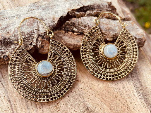 Golden Ethnic Moonstone Earrings Ethnic, rustic, yoga, hippie, gypsy, pretty, psy, boho, bohemian, festival