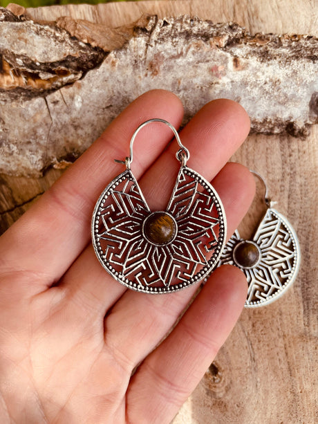 Tiger Eye & Silver Hoop Earrings Ethnic, rustic, yoga, hippie, gypsy, pretty, psy, boho, bohemian, festival