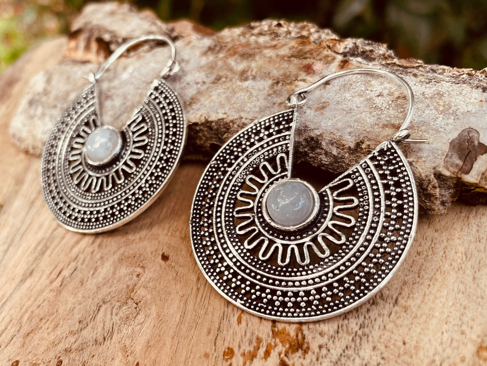 Silver Moonstone Earrings Aztec Ethnic, rustic, yoga, hippie, gypsy, pretty, psy, boho, bohemian, festival