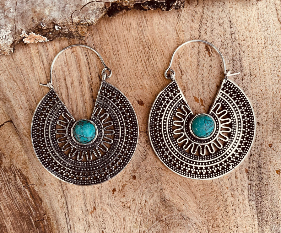 Silver Turquoise Earrings Aztec Ethnic, rustic, yoga, hippie, gypsy, pretty, psy, boho, bohemian, festival