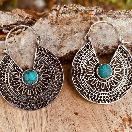 Silver Turquoise Earrings Aztec Ethnic, rustic, yoga, hippie, gypsy, pretty, psy, boho, bohemian, festival
