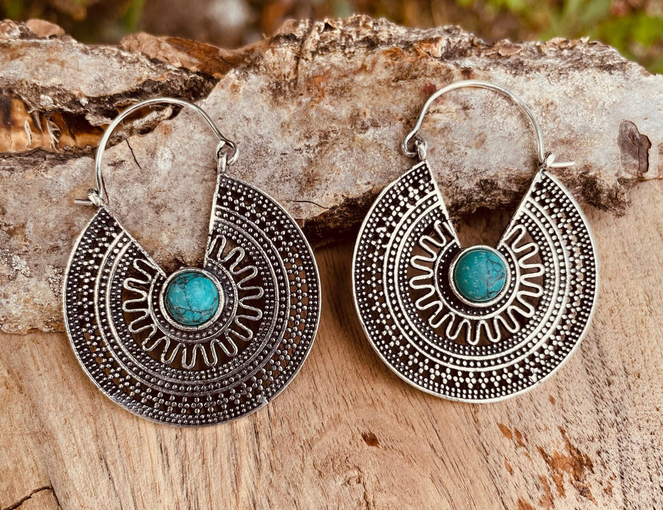 Silver Turquoise Earrings Aztec Ethnic, rustic, yoga, hippie, gypsy, pretty, psy, boho, bohemian, festival