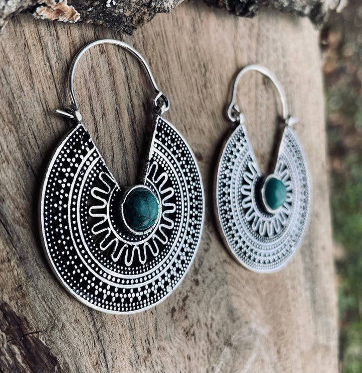 Silver Turquoise Earrings Aztec Ethnic, rustic, yoga, hippie, gypsy, pretty, psy, boho, bohemian, festival