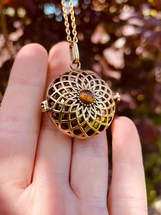 Gold Bola Tiger's Eye Necklace Brass / Pregnancy / Harmony Ball / Chimes / Vegan / Ethnic / Boho / Hippie / Rustic / Hypoallergenic
