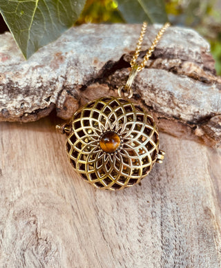 Gold Bola Tiger's Eye Necklace Brass / Pregnancy / Harmony Ball / Chimes / Vegan / Ethnic / Boho / Hippie / Rustic / Hypoallergenic