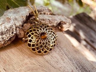Gold Bola Tiger's Eye Necklace Brass / Pregnancy / Harmony Ball / Chimes / Vegan / Ethnic / Boho / Hippie / Rustic / Hypoallergenic