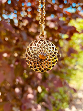 Gold Bola Tiger's Eye Necklace Brass / Pregnancy / Harmony Ball / Chimes / Vegan / Ethnic / Boho / Hippie / Rustic / Hypoallergenic