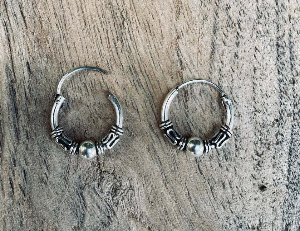 Sterling Silver 925 Hoop Earrings Bali Style Sleeper Dainty Hypoallergenic / Ethnic / Rustic / Bohemian / Gypsy / Hippie / Festival / style