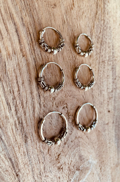 Sterling Silver 925 Hoop Earrings Bali Style Sleeper Dainty Hypoallergenic / Ethnic / Rustic / Bohemian / Gypsy / Hippie / Festival / style