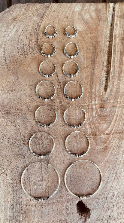 Sterling Silver 925 Hoop Earrings Bali Style Sleeper Dainty Hypoallergenic / Ethnic / Rustic / Bohemian / Gypsy / Hippie / Festival / style