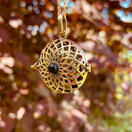 Gold Bola Necklace Brass Black Onyx / Pregnancy / Harmony Ball / Chimes / Vegan / Ethnic / Boho / Hippie / Rustic / Hypoallergenic