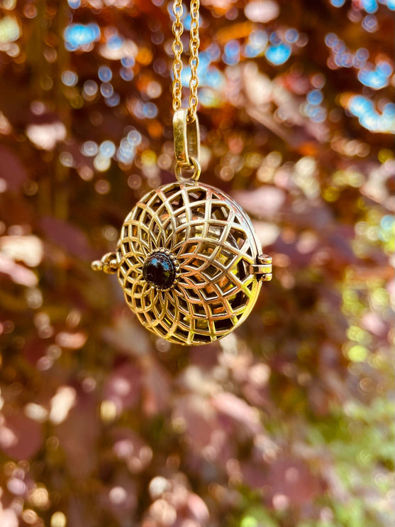 Gold Bola Necklace Brass Black Onyx / Pregnancy / Harmony Ball / Chimes / Vegan / Ethnic / Boho / Hippie / Rustic / Hypoallergenic